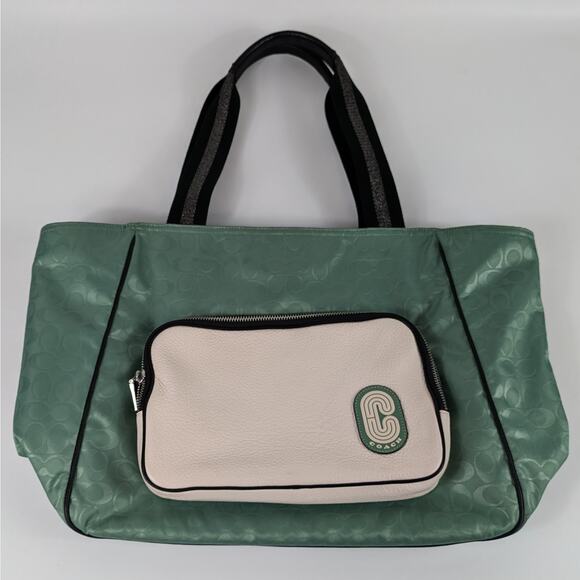 COACH Washed Green Court Tote In Colorblock C3656 Signature Nylon HTF Rare - Picture 1 of 16